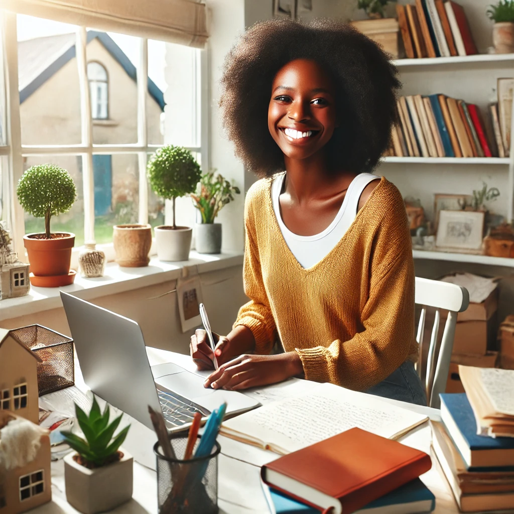 Cheerful and inspiring image of a modern Black woman writer